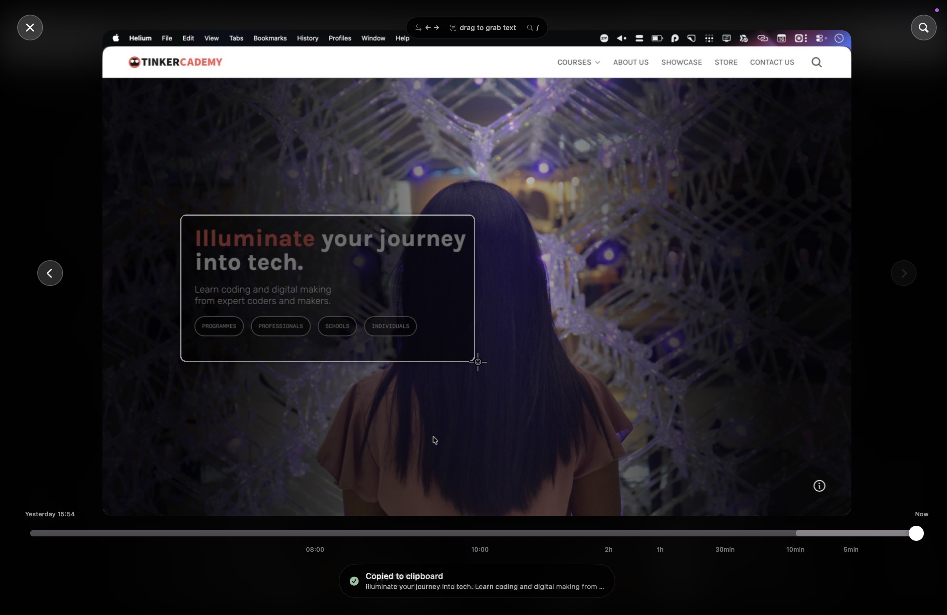 JustNow's rewind overlay showing a recent browser frame and drag-to-grab text selection